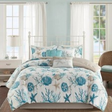 Coastal Comforter Set Blue Gray King Pillow Sham Bedskirt Cotton 7 Piece Bedding