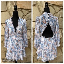 Ruffled Fancy Dress Small Blue White Chiffon Tiered Key Hole Back Lined EC