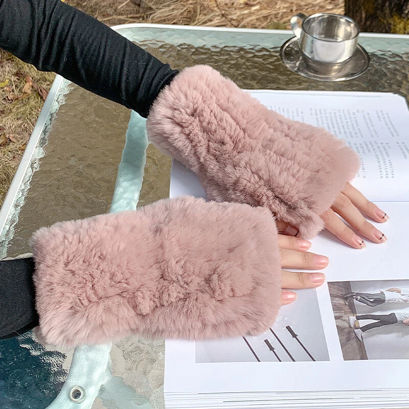 Real Rabbit Fur Gloves Fingerless Knitted Women's Gloves Warm Wrist Mittens Gift - Image 3 of 4