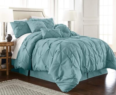 Spa Blue Pintuck Pinch Pleated 7 pc Comforter Set Twin Full Queen Cal King Bed