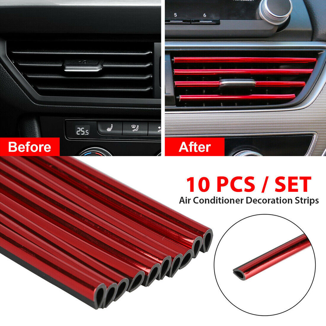 10Pcs Red Car A/C Vent Decorative Strip Covers Auto Accessories