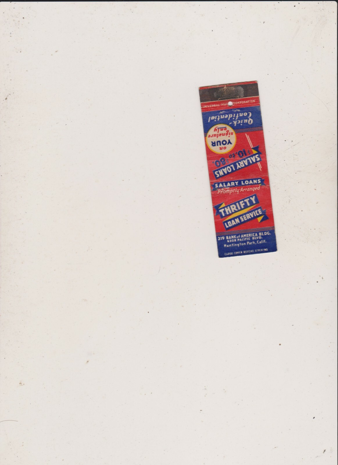 THRIFTY LOAN SERVICE-HUNTINGTON PARK,CA MATCHBOOK COVER #2 | eBay