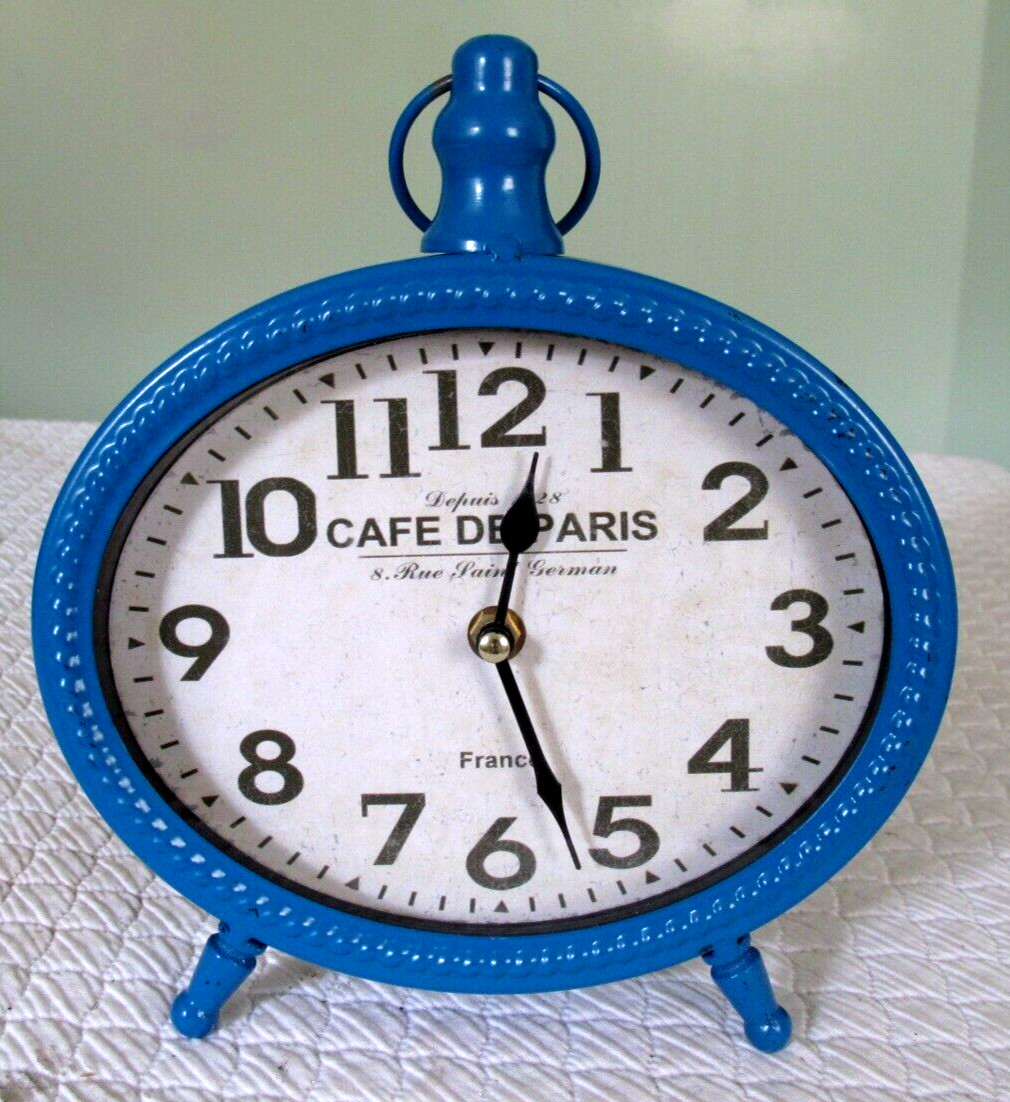 Vintage Art Deco 1928 Style Oval Blue Standing Clock Cafe De Paris 8" x 9" x 2"