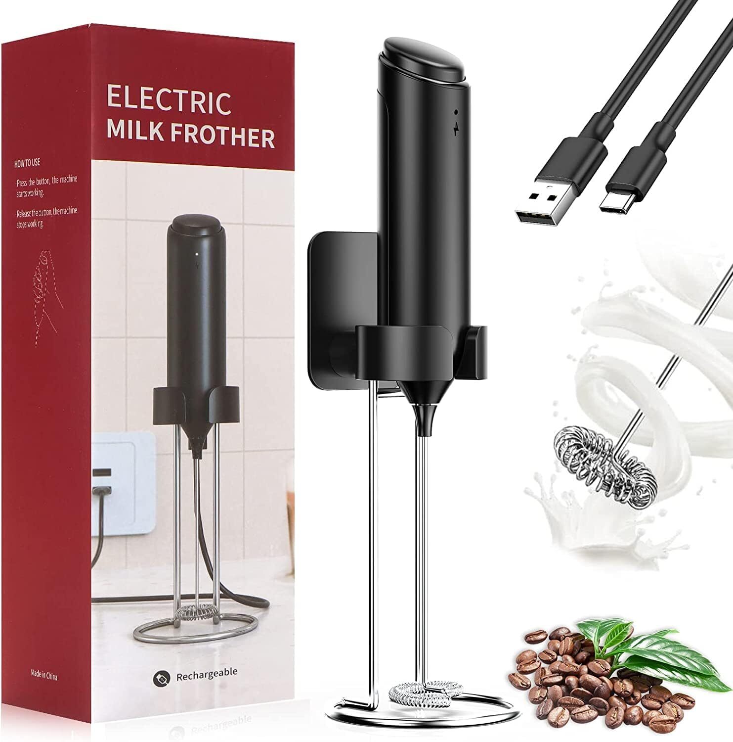 Rechargeable Milk Frother Handheld for Coffee, Stirrers Electric Whisk with W...