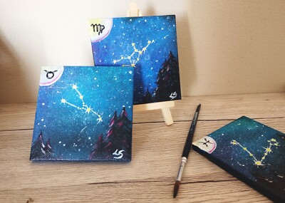 Custom Zodiac Picture, Original Art, Mini Canvas With Stars