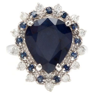6.00Ct Natural Blue Sapphire & Diamond 14K White Solid Gold Ring