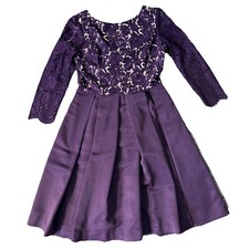 ELIZA J Dress Floral Lace Crepe Midi Fit & Flare Plum Purple Size 6 Belted Fairy