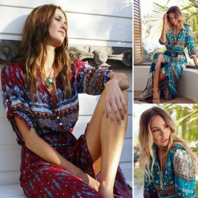 Vintage Bohemian Women's Long Dress Boho Split Loose Party Casual Half Sleeve LP