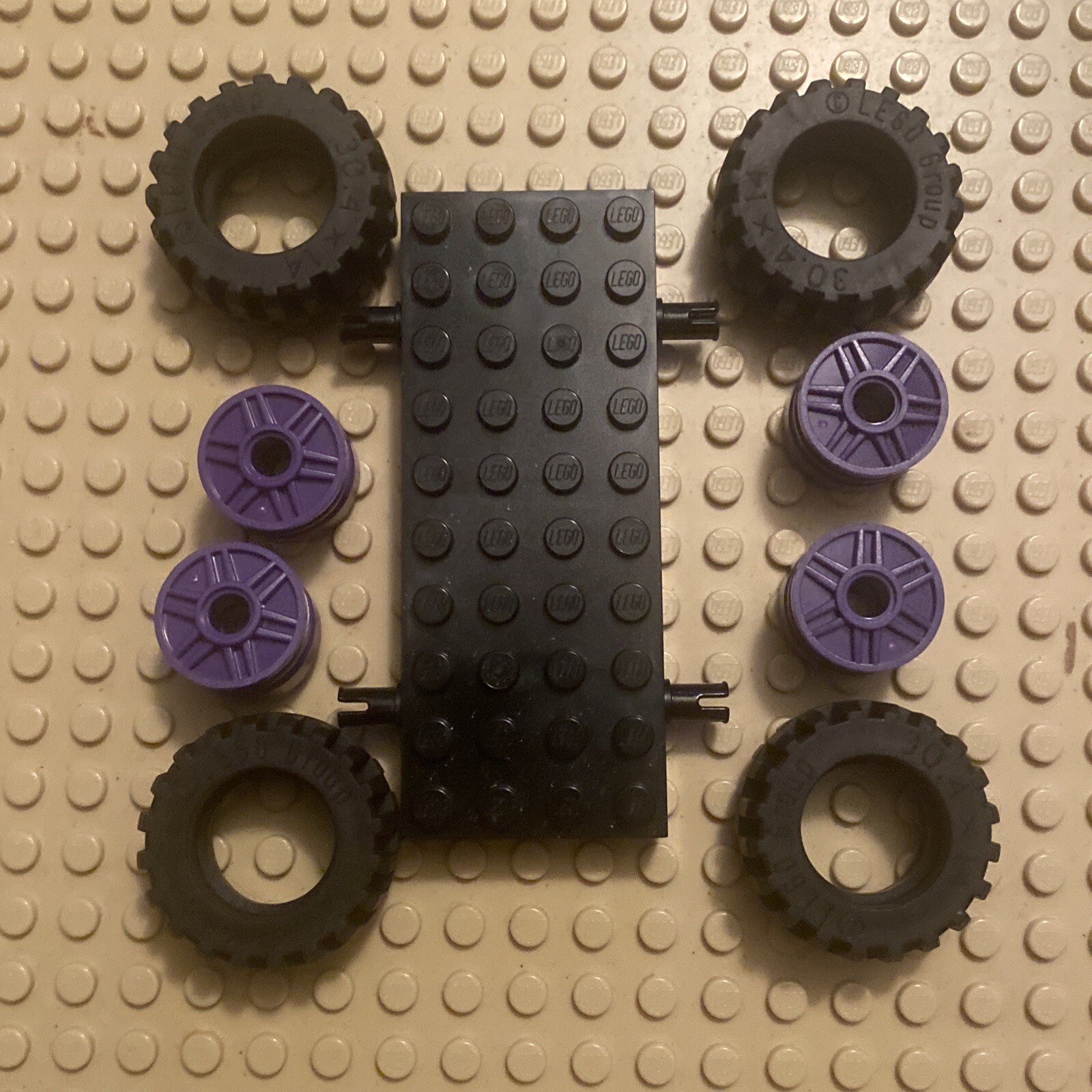 LEGO Car Truck Base 4x10 Black Tires Purple Rims 30.4 X 14 F1