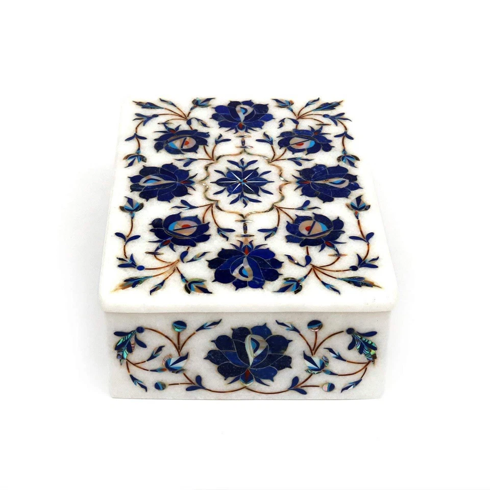 Marble jewelry Box Semi Precious Stone lapis floral Inlay handicraft Work - Image 2 of 4