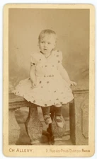 PHOTO CDV Allevy in Paris, a child on balustrade polka dot dress pretty shoes