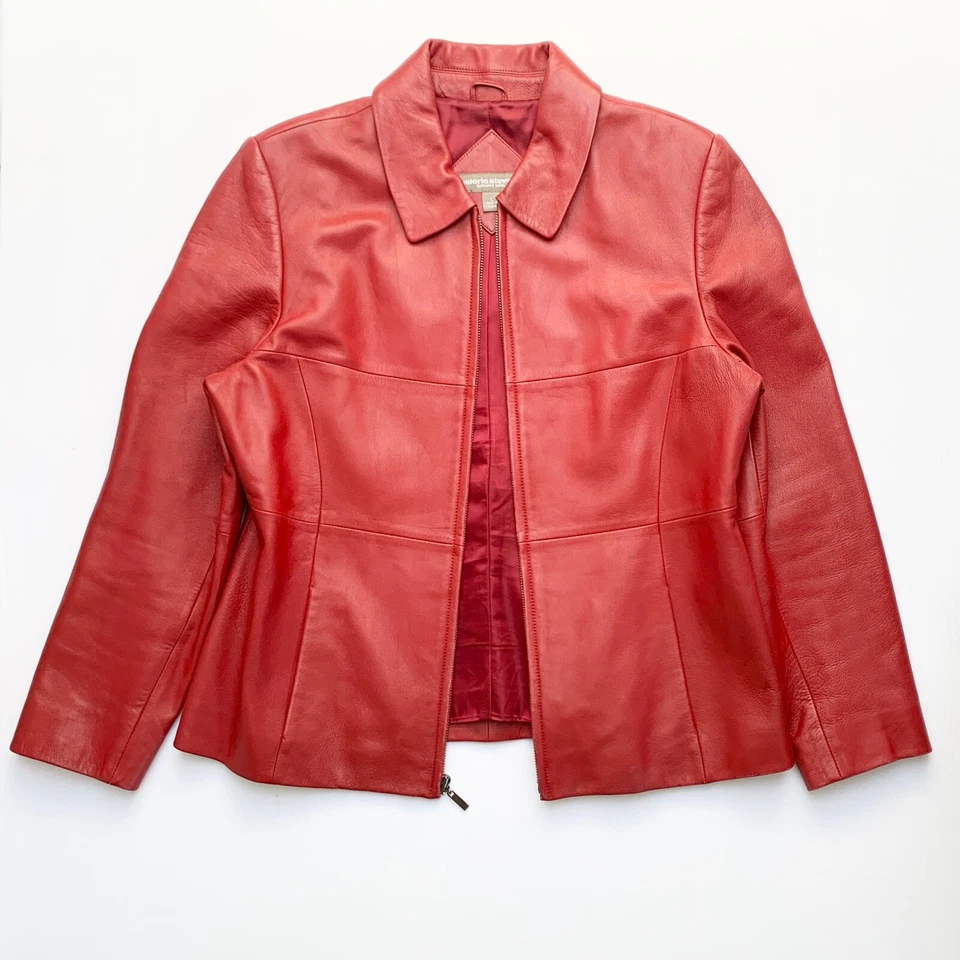 Chaqueta de Colección Años 90 Principios de 2000 Roja Ajustada Cuero de Cordero Suave Cuello con Cremallera M L Foto 2 de 4
