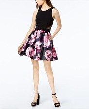 New $310 Xscape Women'S Black Solid & Floral-Print Fit & Flare Dress Size 14