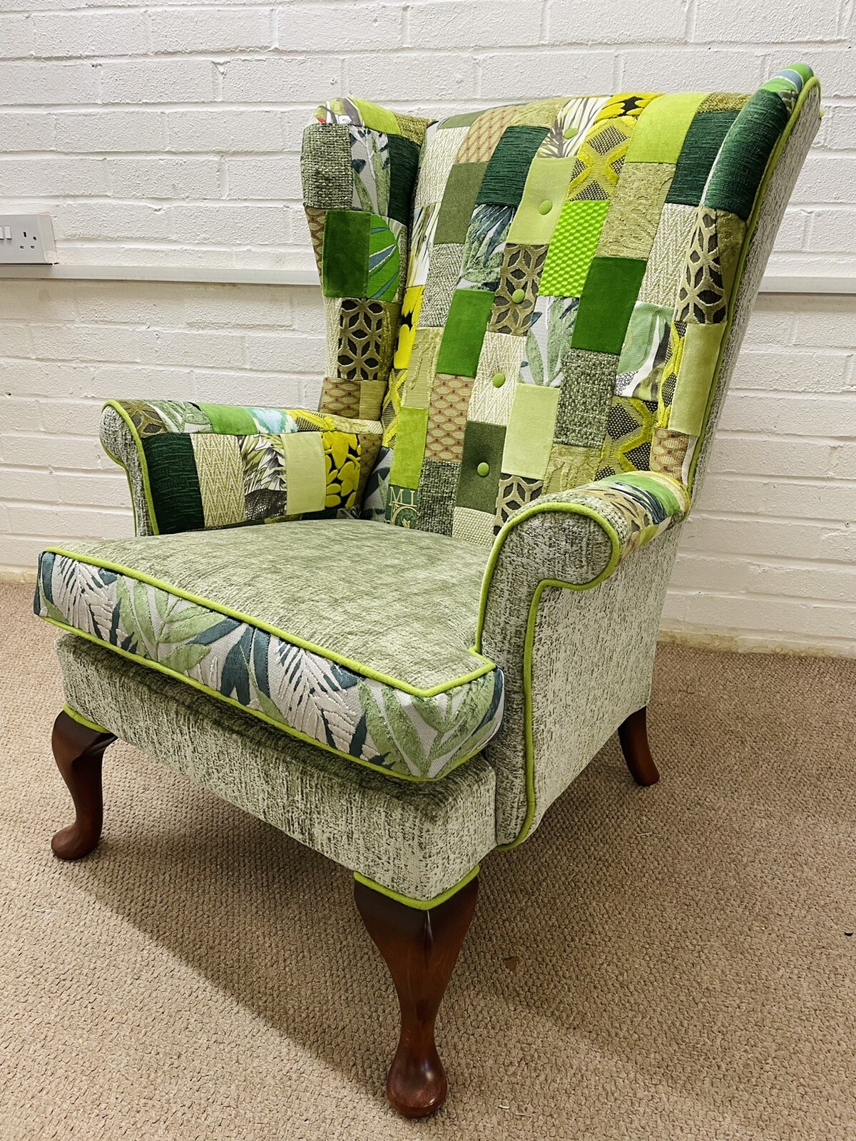 Parker Knoll Wingback Chair Reupholstered In Green Colours Patchwork Design eBay