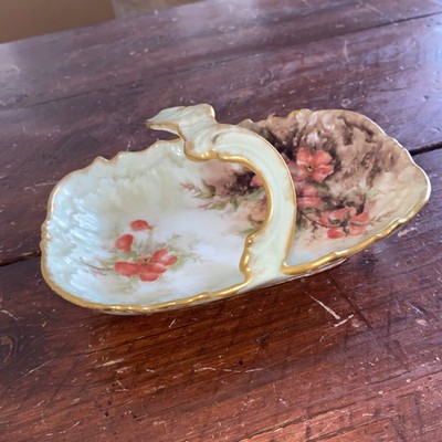 Antique Floral Porcelain 7 Inch Handled Basket Tray