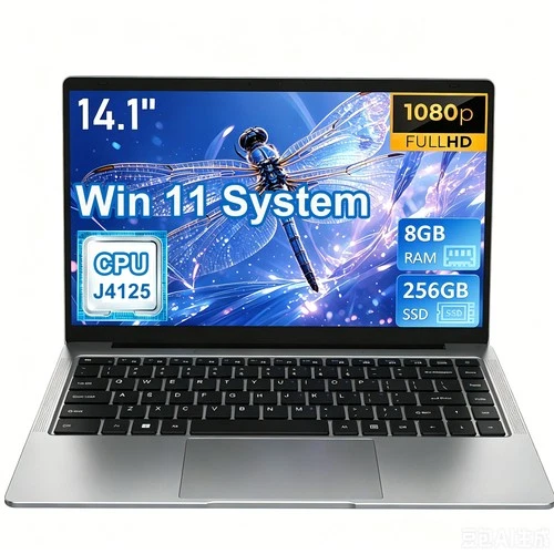 14.1" Win11 Laptop Quad Core J4125 8GB + 256GB Portable Lightweight Notebook PC
