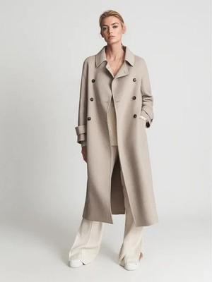 Reiss Damen Mantel beige 8 UK Lexi Knopf Blindnaht lange Länge Wollmischung Stein