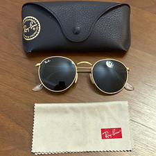 Ray-Ban Round Metal Sunglasses Gold Frame Black Tinted Glass Lenses Case Cloth