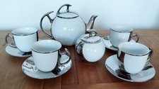 Service Thé Café Art Déco Porcelaine Blanche Et Décor Argenté Vintage