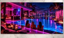 XXL Miami Pool Party Wandbild Neon Skyline Po...