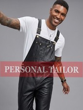 Men's Black Lambskin Leather Overall Bib Utility Dungaree Jumpsuit Biker Style