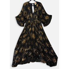Farm Rio Maxi Dress Womens S Black Gold Sunny Mood Sequin Celestial Sun Boho