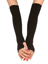  Women's Arm Warmers Long Fingerless Gloves Black Thin one-size 