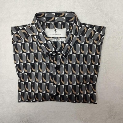 Father Sons Shirt Mens Medium Gray Geometric Short Sleeve Button Up Slim Fit