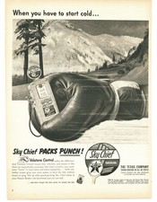 1953 Sky Chief Gas Vintage Print Ad Boxing Glove Winter Mountain Gas Pump