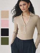 Ex Next Ladies Premium Long Sleeve Collar Polo Top Black Beige Pink Olive