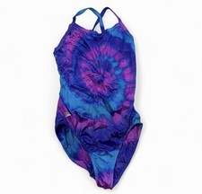 VTG 90s Speedo One Piece Swimsuit 36 12L Long Tie Dye Purple Blue Antron USA