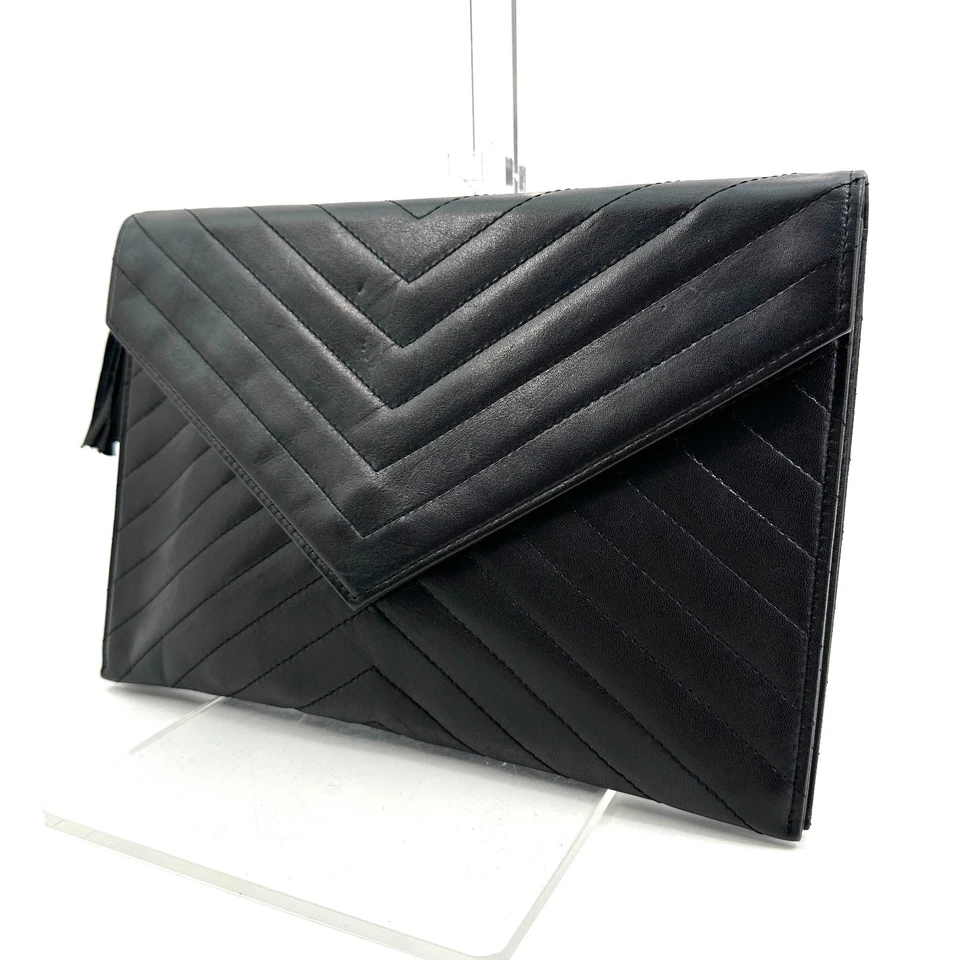 Yves Saint Laurent Clutch Bag Magnet YSL Leather V-stitch Black Authentic - Image 2 of 4