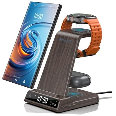 Wireless Charger for Samsung Charging Station, 3 in 1 Android Phone Woodgrain