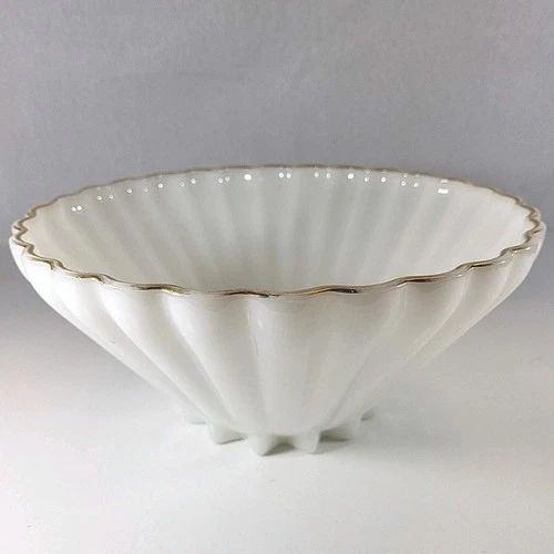 Vintage Anchor Hocking White Gold Trimmed Large Clam Shell Bowl 11" X 5"