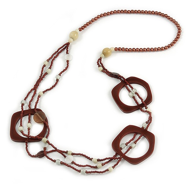 Long Multi-strand Brown/ Cream Ceramic Bead, Acrylic Ring Necklace - 90cm L