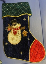 Vintage Red, Green, Navy Velvet Beaded Sequin Snowman Christmas Stocking