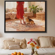 Corgi Dog Oil Painting Canvas Living Room Decor Cute Pet Wall Art Print Framed