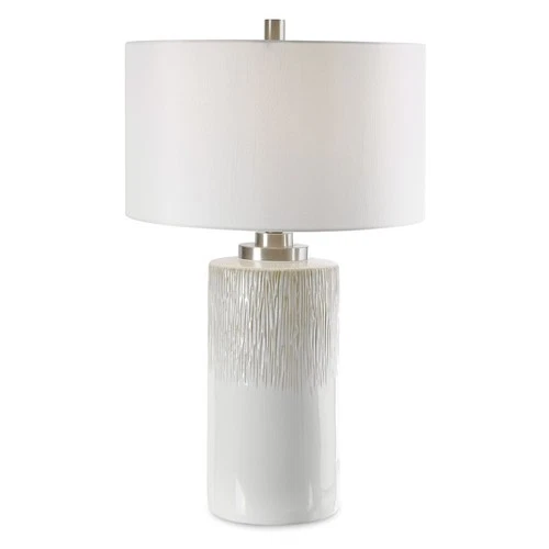 UTTERMOST 26354-1 GEORGIOS AGED WHITE CYLINDER CERAMIC TABLE LAMP + LINEN SHADE - Picture 6 of 8