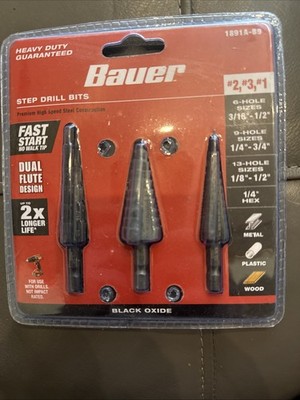 Bauer Black Oxide Step Drill Bit Set, 3 Pc. #2 #3 #1, model 1891A-B9 -New/Sealed