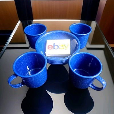 Blue Speckled Enamel Ware Camping Set of 4 Bowls & Mugs