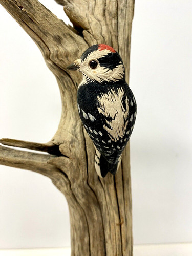 Miniature Carved Bird Figurine Downey Woodpecker by Mark Belanger, Signed, 1998