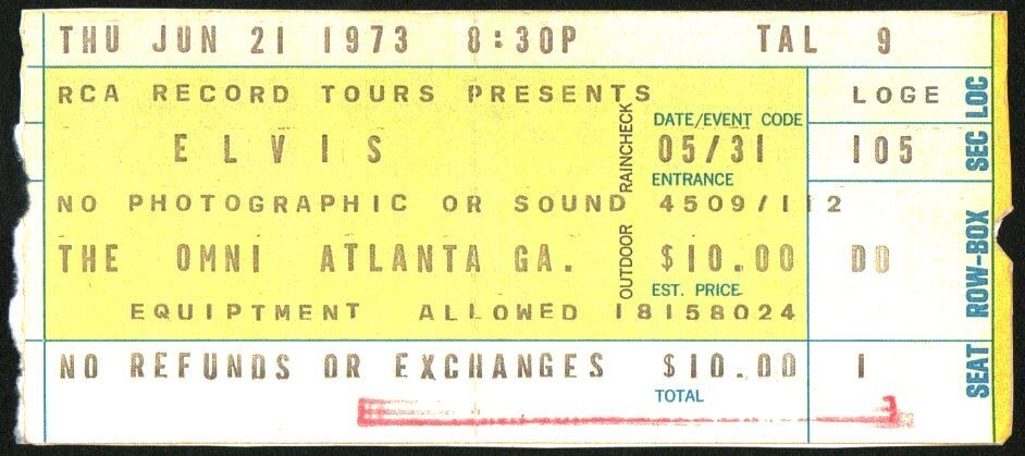 Elvis Presley-1973 RARE Concert Ticket Stub (Atlanta, Georgia-The Omni)