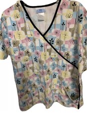 SB Scrubs Womens XL Flower Outlines Pink Yellow Blue Squares Scrub Top Cute
