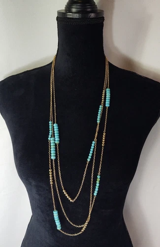 Vtg Avon Gold Tone Chain 3 Strand Turquoise Beads Long Necklace Costume Jewelry