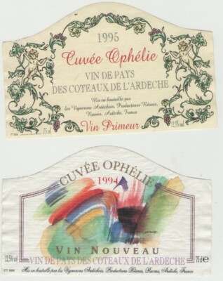 03/08 2 Etiketten THEMA LANDWEIN COTEAUX DE L'ARDÈCHE 1994 & 95 OHELIA 