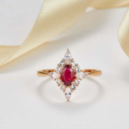14k Rose Gold 1TCW Oval Lab Grown Ruby & Diamond Women Halo Christmas Gift Ring - Picture 12 of 15