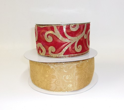 Frontgate 2.5" Wide Wired Christmas Ribbon Rolls - Burgundy & Gold