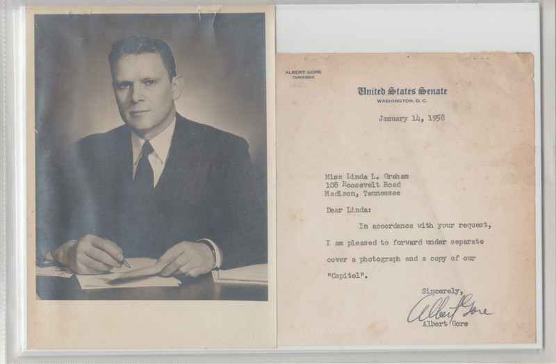 SEN. ALBERT GORE SR. SIGNED TYPE WRITTEN LETTER DATED JAN. 14, 1958 & PHOTO