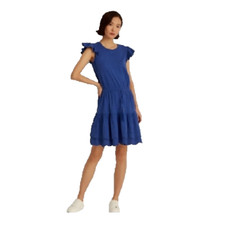 NEW LAUREN RALPH LAUREN BLUE COTTON FIT AND FLARE DRAWSTRING WAIST DRESS SIZE 16