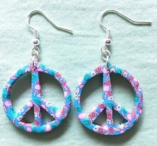 BLUE FLOWERED PEACE SIGN EARRINGS - Fimo with Sterling Silver Ear Wires or GP 